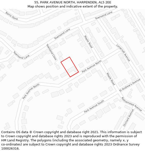 55, PARK AVENUE NORTH, HARPENDEN, AL5 2EE: Location map and indicative extent of plot