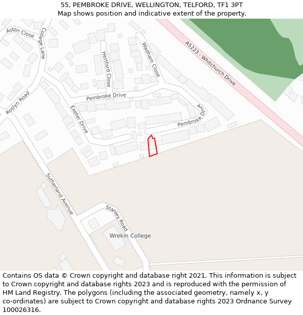 55, PEMBROKE DRIVE, WELLINGTON, TELFORD, TF1 3PT: Location map and indicative extent of plot