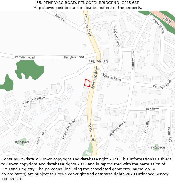55, PENPRYSG ROAD, PENCOED, BRIDGEND, CF35 6SF: Location map and indicative extent of plot