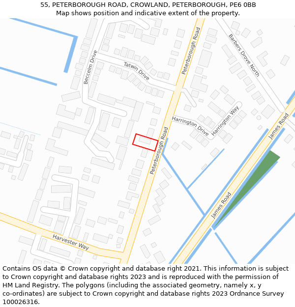 55, PETERBOROUGH ROAD, CROWLAND, PETERBOROUGH, PE6 0BB: Location map and indicative extent of plot