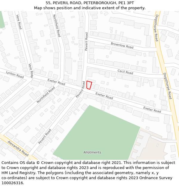 55, PEVERIL ROAD, PETERBOROUGH, PE1 3PT: Location map and indicative extent of plot