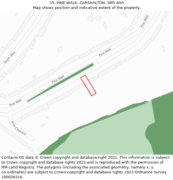 55, PINE WALK, CARSHALTON, SM5 4HA: Location map and indicative extent of plot