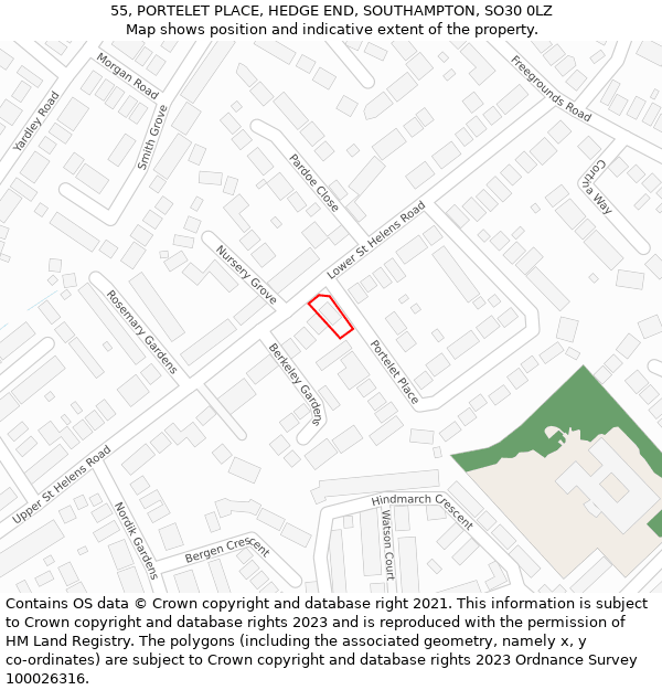 55, PORTELET PLACE, HEDGE END, SOUTHAMPTON, SO30 0LZ: Location map and indicative extent of plot