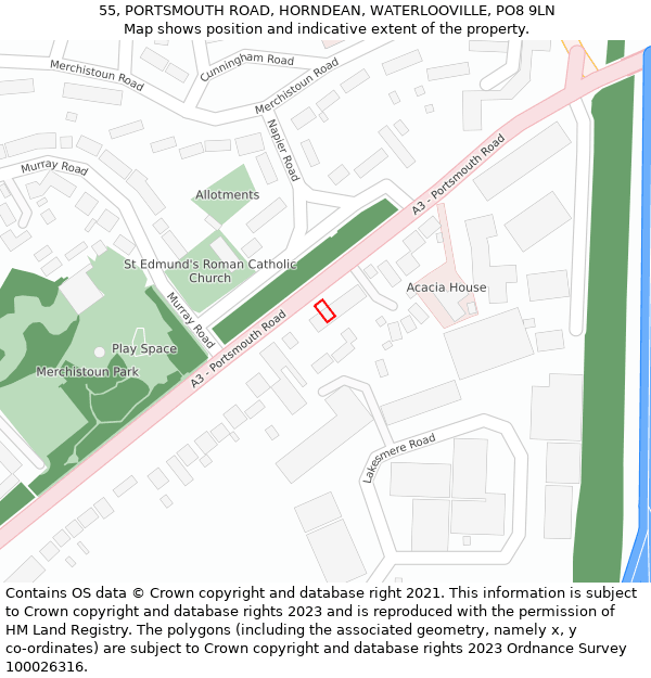 55, PORTSMOUTH ROAD, HORNDEAN, WATERLOOVILLE, PO8 9LN: Location map and indicative extent of plot
