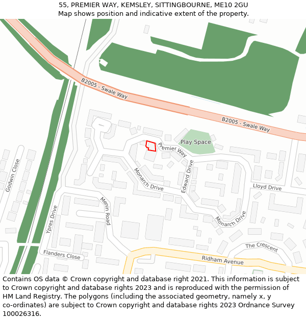 55, PREMIER WAY, KEMSLEY, SITTINGBOURNE, ME10 2GU: Location map and indicative extent of plot