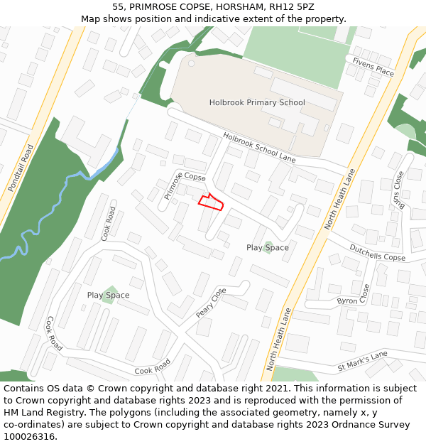 55, PRIMROSE COPSE, HORSHAM, RH12 5PZ: Location map and indicative extent of plot