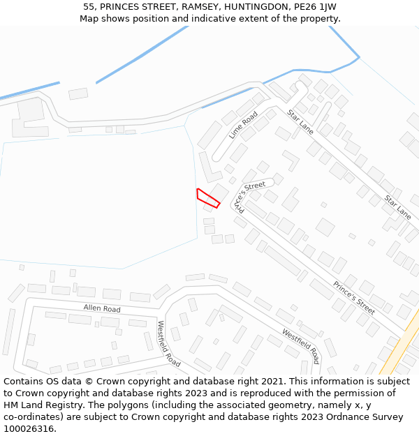 55, PRINCES STREET, RAMSEY, HUNTINGDON, PE26 1JW: Location map and indicative extent of plot