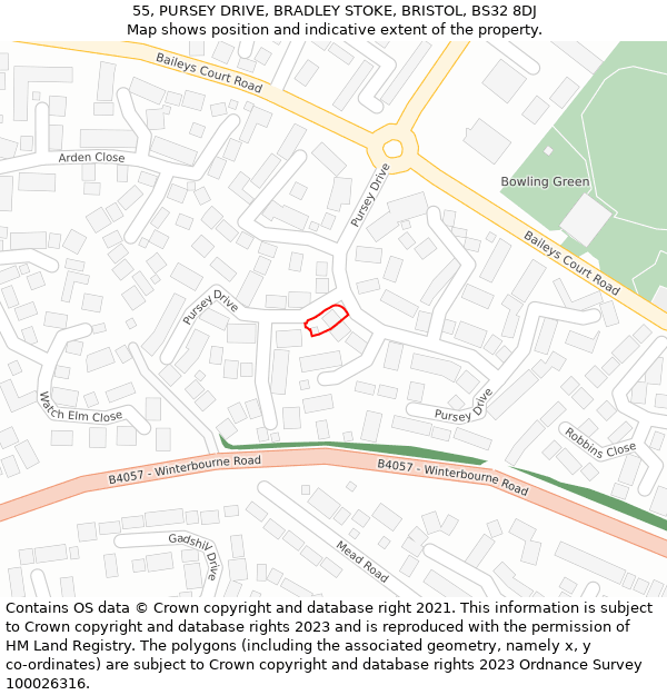 55, PURSEY DRIVE, BRADLEY STOKE, BRISTOL, BS32 8DJ: Location map and indicative extent of plot