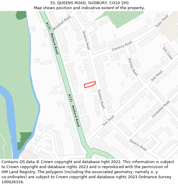 55, QUEENS ROAD, SUDBURY, CO10 1PG: Location map and indicative extent of plot