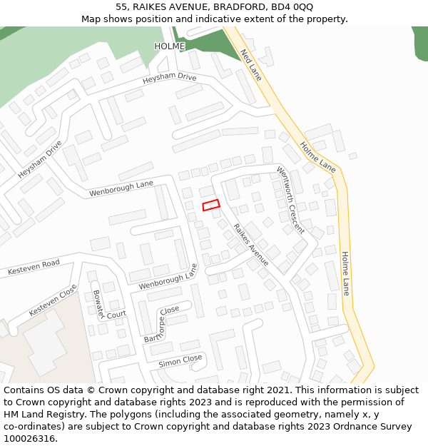 55, RAIKES AVENUE, BRADFORD, BD4 0QQ: Location map and indicative extent of plot