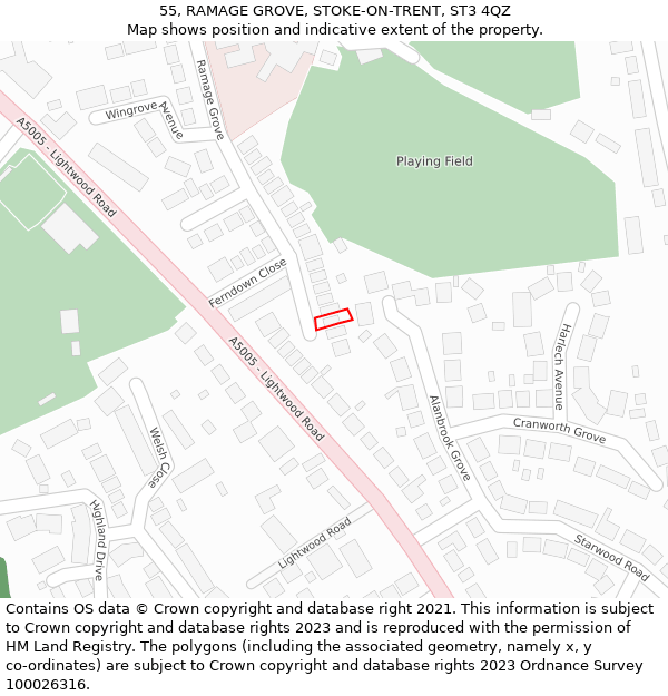 55, RAMAGE GROVE, STOKE-ON-TRENT, ST3 4QZ: Location map and indicative extent of plot