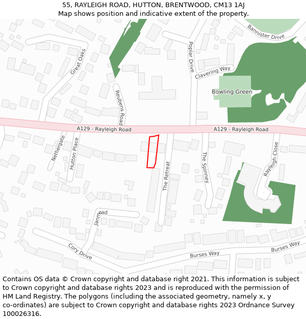 55, RAYLEIGH ROAD, HUTTON, BRENTWOOD, CM13 1AJ: Location map and indicative extent of plot