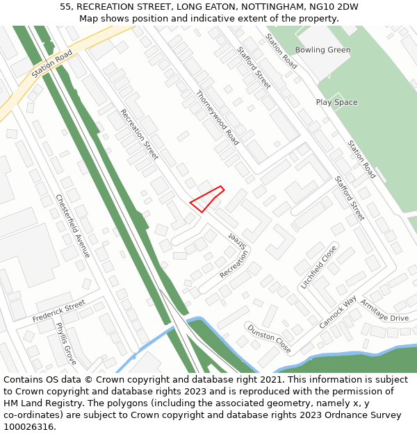 55, RECREATION STREET, LONG EATON, NOTTINGHAM, NG10 2DW: Location map and indicative extent of plot