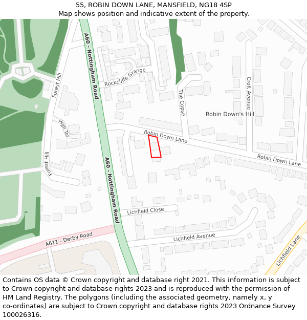 55, ROBIN DOWN LANE, MANSFIELD, NG18 4SP: Location map and indicative extent of plot