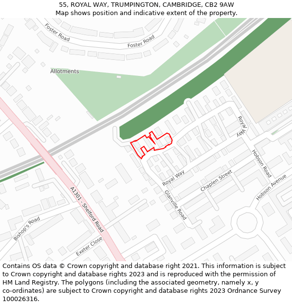 55, ROYAL WAY, TRUMPINGTON, CAMBRIDGE, CB2 9AW: Location map and indicative extent of plot