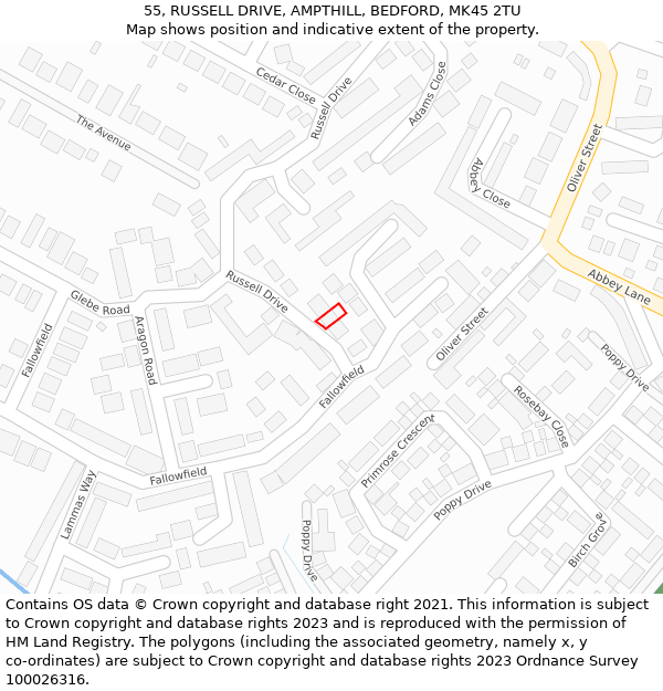 55, RUSSELL DRIVE, AMPTHILL, BEDFORD, MK45 2TU: Location map and indicative extent of plot