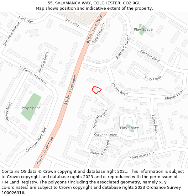 55, SALAMANCA WAY, COLCHESTER, CO2 9GL: Location map and indicative extent of plot