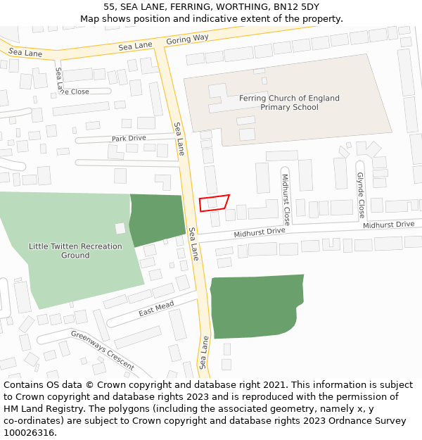 55, SEA LANE, FERRING, WORTHING, BN12 5DY: Location map and indicative extent of plot