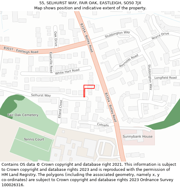 55, SELHURST WAY, FAIR OAK, EASTLEIGH, SO50 7JX: Location map and indicative extent of plot