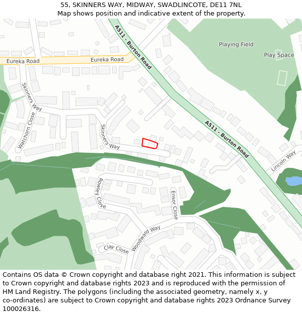 55, SKINNERS WAY, MIDWAY, SWADLINCOTE, DE11 7NL: Location map and indicative extent of plot