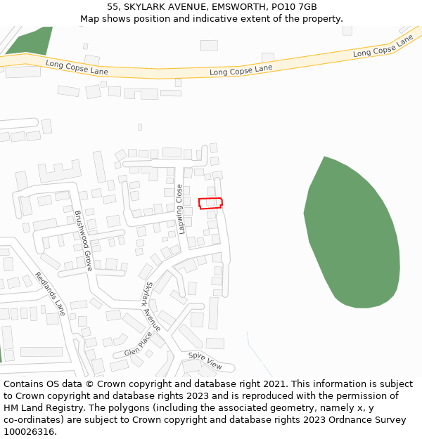 55, SKYLARK AVENUE, EMSWORTH, PO10 7GB: Location map and indicative extent of plot