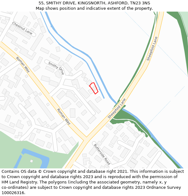 55, SMITHY DRIVE, KINGSNORTH, ASHFORD, TN23 3NS: Location map and indicative extent of plot