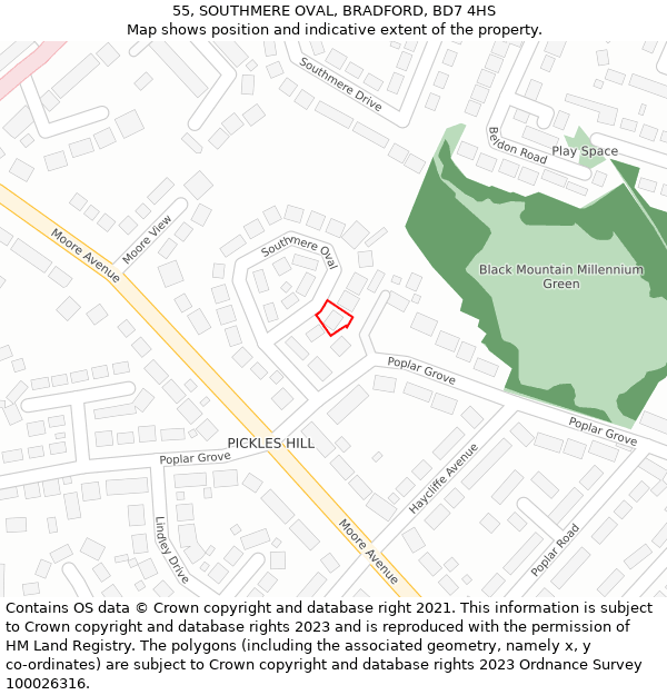 55, SOUTHMERE OVAL, BRADFORD, BD7 4HS: Location map and indicative extent of plot