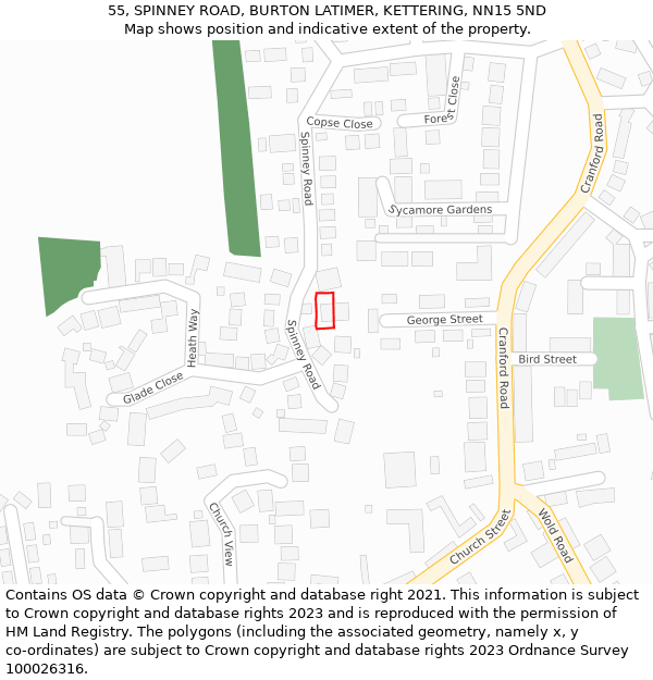 55, SPINNEY ROAD, BURTON LATIMER, KETTERING, NN15 5ND: Location map and indicative extent of plot