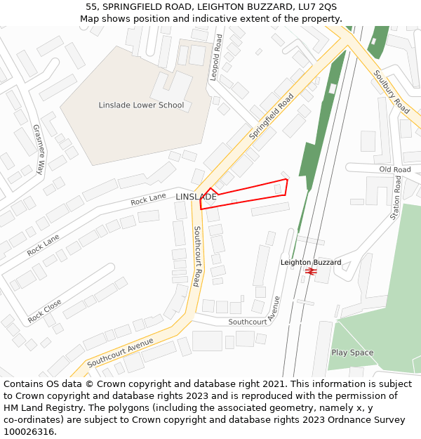 55, SPRINGFIELD ROAD, LEIGHTON BUZZARD, LU7 2QS: Location map and indicative extent of plot