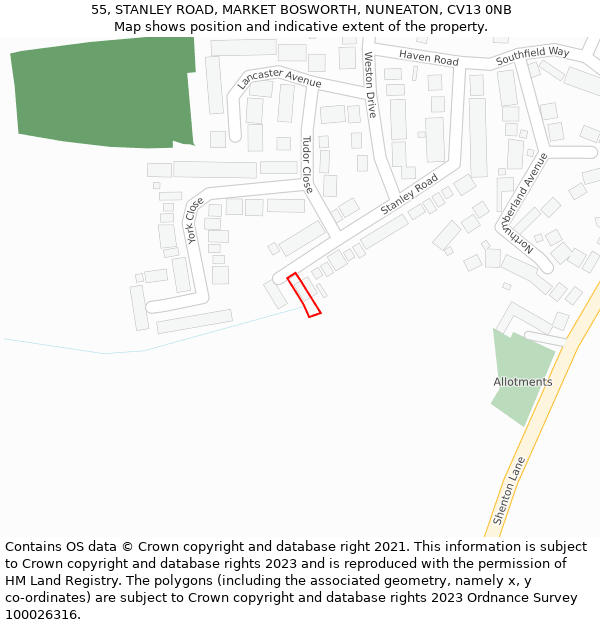 55, STANLEY ROAD, MARKET BOSWORTH, NUNEATON, CV13 0NB: Location map and indicative extent of plot