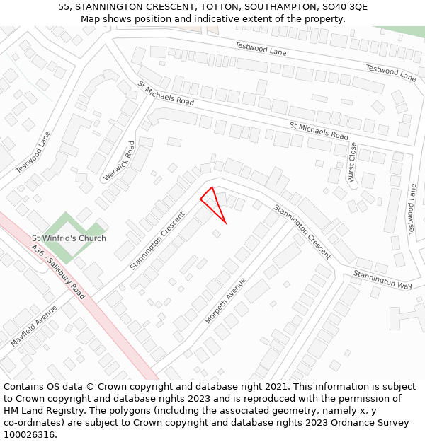 55, STANNINGTON CRESCENT, TOTTON, SOUTHAMPTON, SO40 3QE: Location map and indicative extent of plot