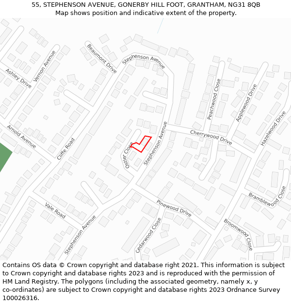 55, STEPHENSON AVENUE, GONERBY HILL FOOT, GRANTHAM, NG31 8QB: Location map and indicative extent of plot