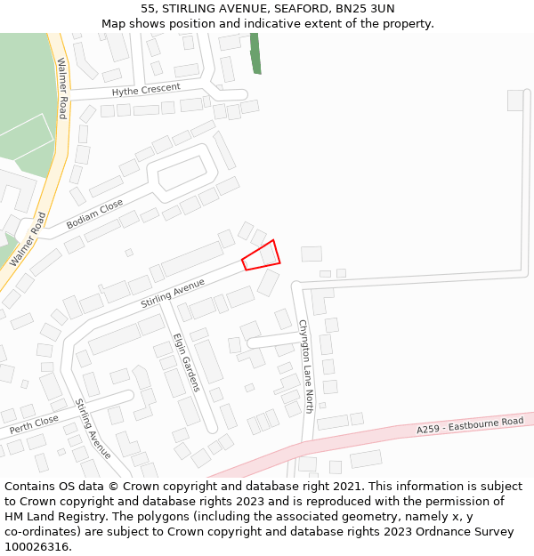 55, STIRLING AVENUE, SEAFORD, BN25 3UN: Location map and indicative extent of plot