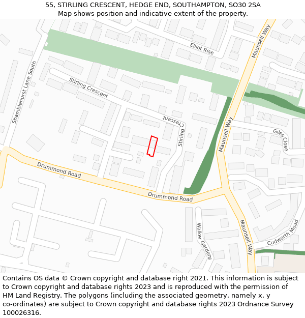 55, STIRLING CRESCENT, HEDGE END, SOUTHAMPTON, SO30 2SA: Location map and indicative extent of plot