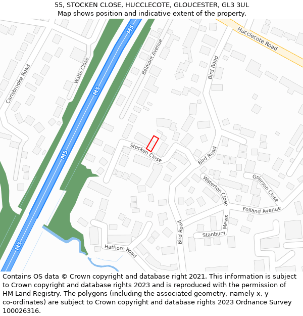 55, STOCKEN CLOSE, HUCCLECOTE, GLOUCESTER, GL3 3UL: Location map and indicative extent of plot