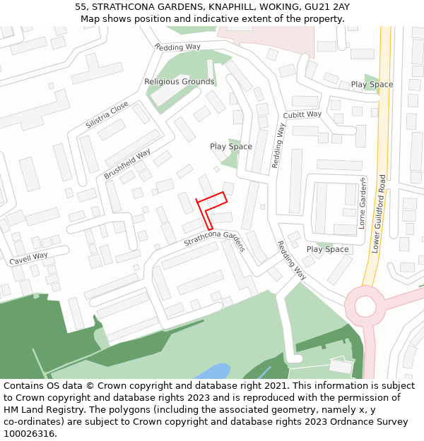 55, STRATHCONA GARDENS, KNAPHILL, WOKING, GU21 2AY: Location map and indicative extent of plot