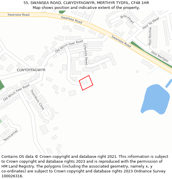 55, SWANSEA ROAD, CLWYDYFAGWYR, MERTHYR TYDFIL, CF48 1HR: Location map and indicative extent of plot