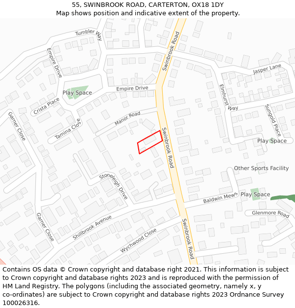 55, SWINBROOK ROAD, CARTERTON, OX18 1DY: Location map and indicative extent of plot