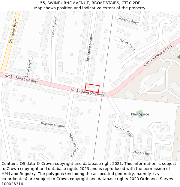 55, SWINBURNE AVENUE, BROADSTAIRS, CT10 2DP: Location map and indicative extent of plot