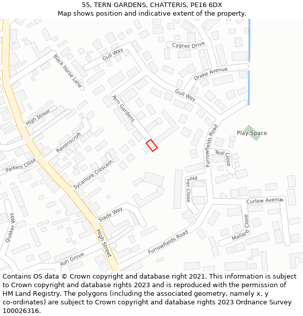 55, TERN GARDENS, CHATTERIS, PE16 6DX: Location map and indicative extent of plot