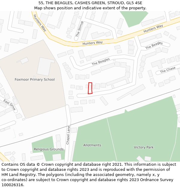 55, THE BEAGLES, CASHES GREEN, STROUD, GL5 4SE: Location map and indicative extent of plot