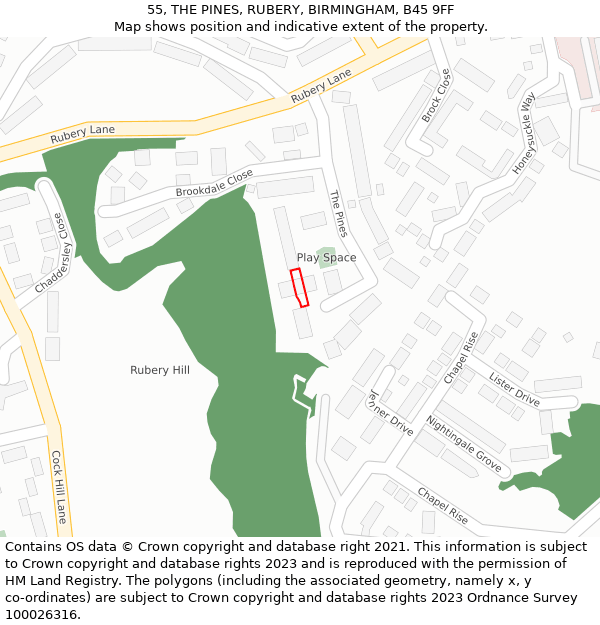 55, THE PINES, RUBERY, BIRMINGHAM, B45 9FF: Location map and indicative extent of plot