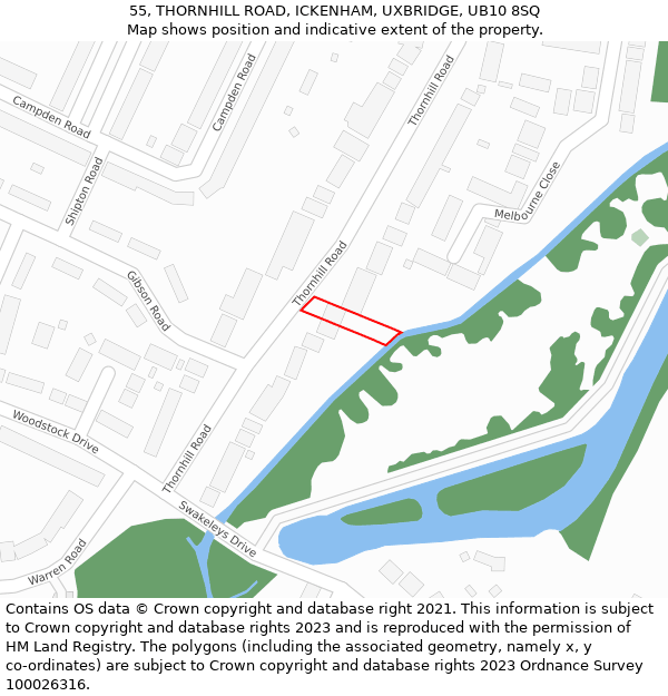 55, THORNHILL ROAD, ICKENHAM, UXBRIDGE, UB10 8SQ: Location map and indicative extent of plot