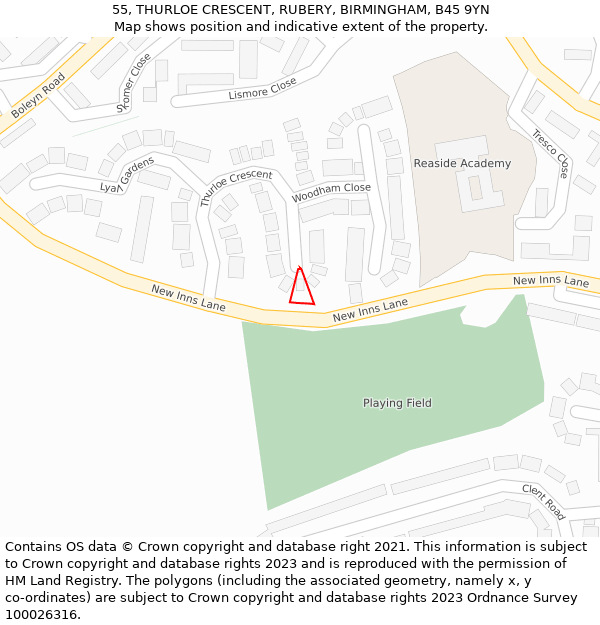 55, THURLOE CRESCENT, RUBERY, BIRMINGHAM, B45 9YN: Location map and indicative extent of plot