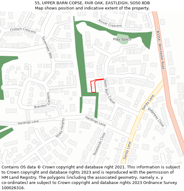 55, UPPER BARN COPSE, FAIR OAK, EASTLEIGH, SO50 8DB: Location map and indicative extent of plot