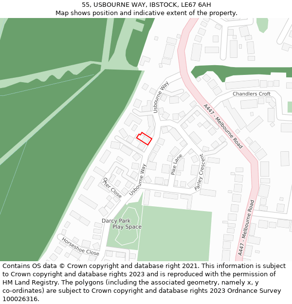 55, USBOURNE WAY, IBSTOCK, LE67 6AH: Location map and indicative extent of plot