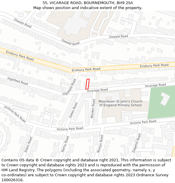 55, VICARAGE ROAD, BOURNEMOUTH, BH9 2SA: Location map and indicative extent of plot
