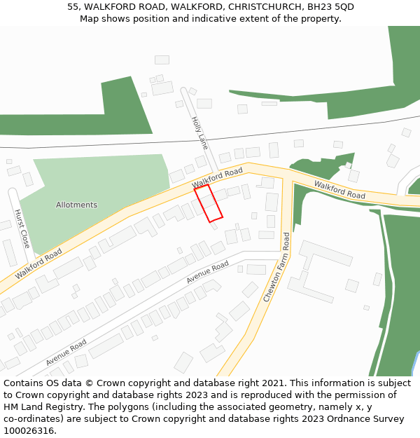 55, WALKFORD ROAD, WALKFORD, CHRISTCHURCH, BH23 5QD: Location map and indicative extent of plot