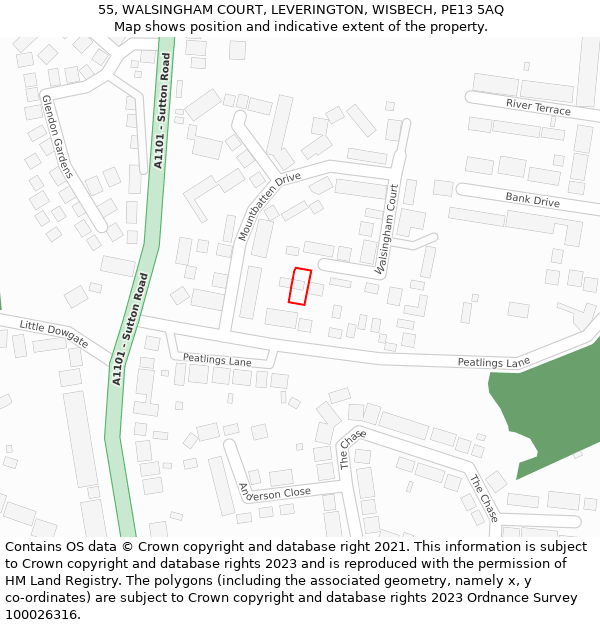 55, WALSINGHAM COURT, LEVERINGTON, WISBECH, PE13 5AQ: Location map and indicative extent of plot