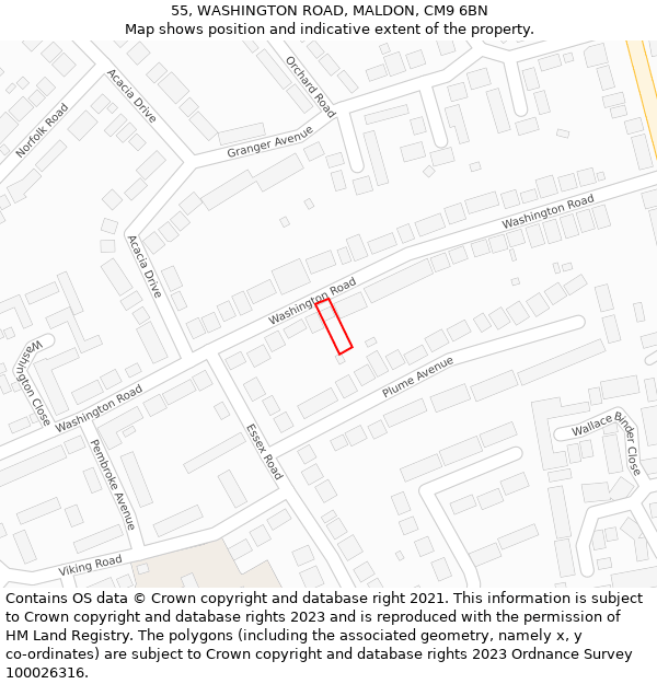 55, WASHINGTON ROAD, MALDON, CM9 6BN: Location map and indicative extent of plot